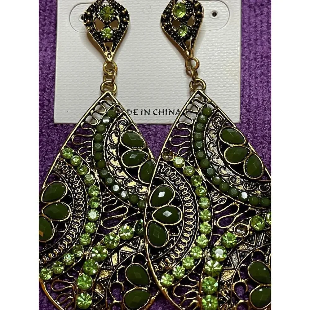 Beya Green Rhinestones Gold Hanging Earrings 3